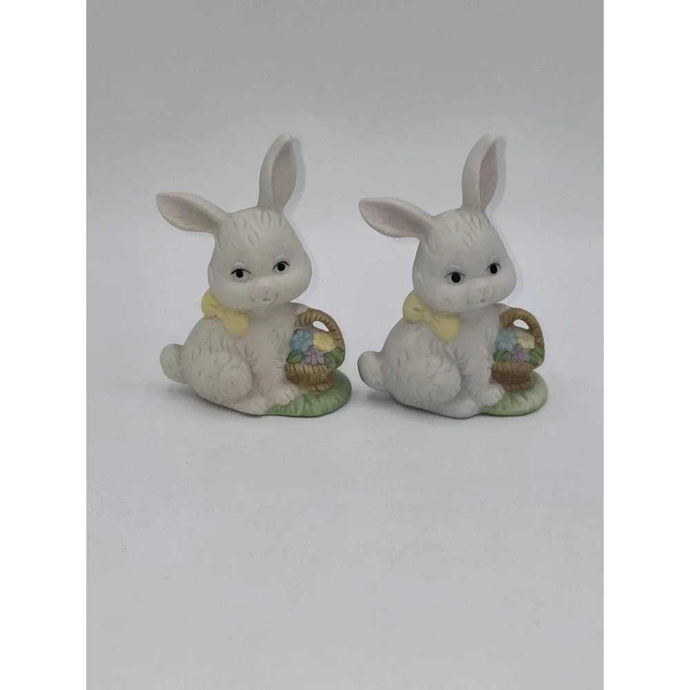 Vintage White Bunny Rabbit Figurines Set of 2 Easter Bisque Ceramic Spring Decor